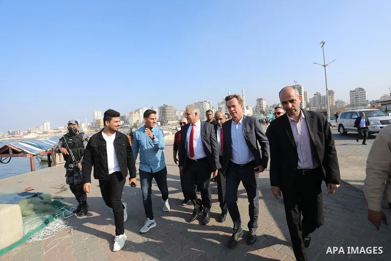Sven Kühn von Burgsdorff, European Union Representative speaks during a press conference at Gaza seaport, on 25 November 2021. The delegation meet with representatives of various sectors to hear from them about the lates...