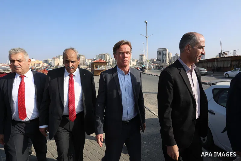 Sven Kühn von Burgsdorff, European Union Representative speaks during a press conference at Gaza seaport, on 25 November 2021. The delegation meet with representatives of various sectors to hear from them about the lates...