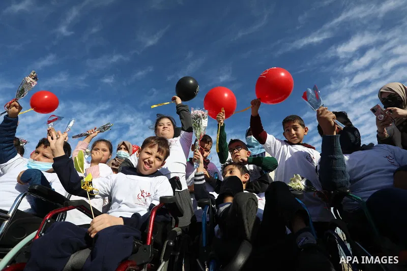 Palestinian children with disabilities take part in an event on the International Day of Disabled Persons at Gaza port on November 30, 2021. The annual observance of the International Day of Disabled Persons was proclaim...