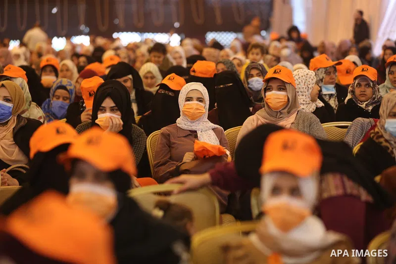 Palestinians attend of an event of the11 Days of Activism against Gender-based Violence, in Gaza city on 01 December 2021. The United Nations is marking the 16 Days of Activism against Gender-based Violence from 25 Novem...