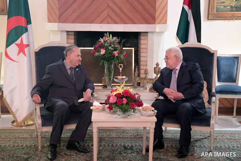 Palestinian president Mahmoud Abbas meets with President of the Algerian National Assembly, Algiers, Algeria on December 6, 2021. Photo by Thaer Ganaim
