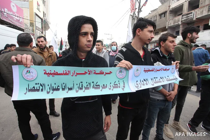 Palestinian supporters of the Al-ahrar Movement take part in a protest to show solidarity with female prisoners held in Israeli jails, ​in Gaza city, on December 28, 2021. Palestinian administrative detainees usually res...