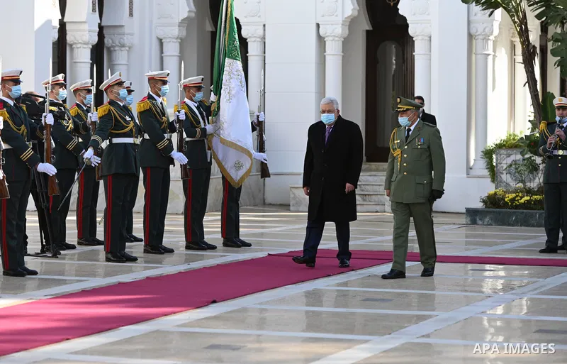 Palestinian president Mahmoud Abbas meets with Algerian President Abdelmadjid Tebboune, Algiers, Algeria on December 6, 2021. Photo by Thaer Ganaim