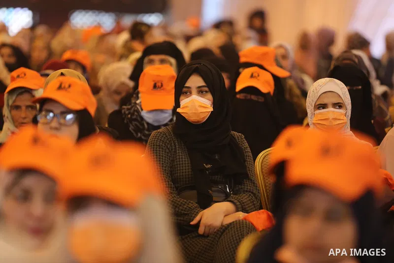 Palestinians attend of an event of the11 Days of Activism against Gender-based Violence, in Gaza city on 01 December 2021. The United Nations is marking the 16 Days of Activism against Gender-based Violence from 25 Novem...