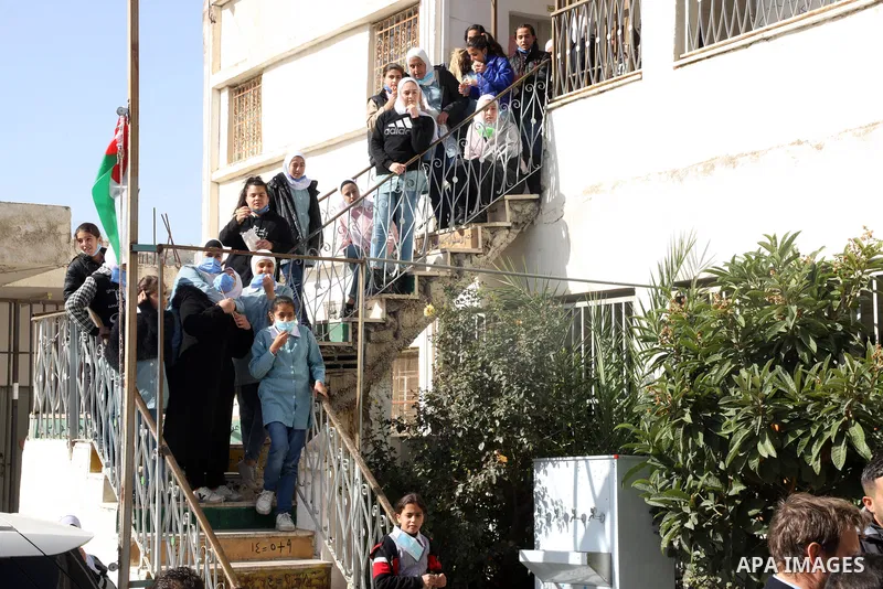 Diplomatic representatives visit schools in al-Lubban al-Sharqiya village, in the West Bank city of Nablus, on December 8, 2021. Many times, Israeli settlers prevented Palesinian students from going to schools in al-Lubb...