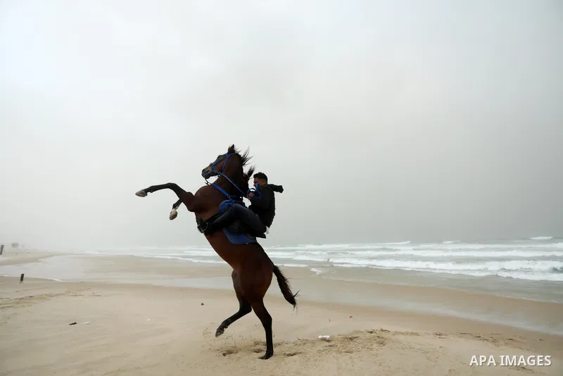 A Palestinian man reares his horse as he ride during stormy weather along a beach by the Mediterranean Sea in Gaza City on December 8, 2021. Photo by Ashraf Amra