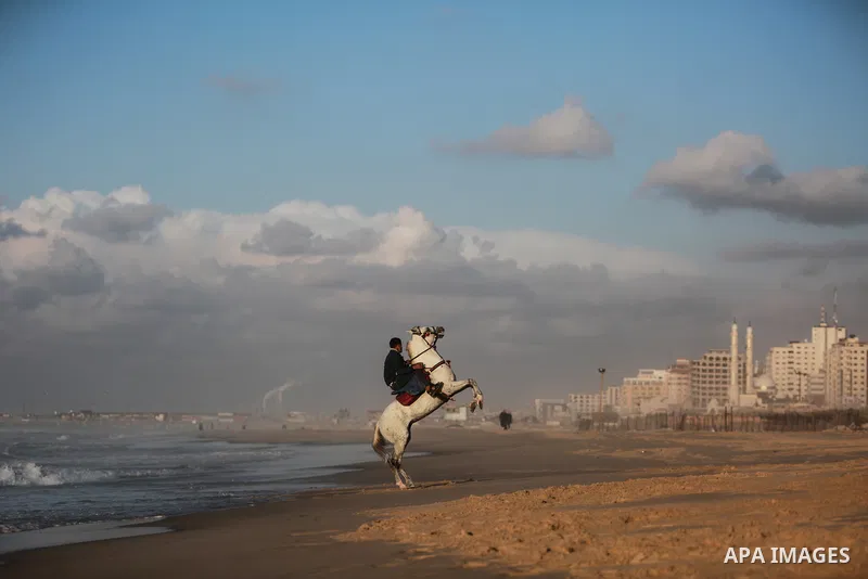 A Palestinian man rides his horse during stormy weather along a beach by Gaza Sea, on December 21, 2021. Photo by Mohammed Dahman