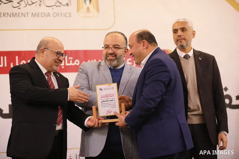 Palestinian journalists attend the honoring ceremony in Gaza city on December 30, 2021. Photo by Ashraf Amra