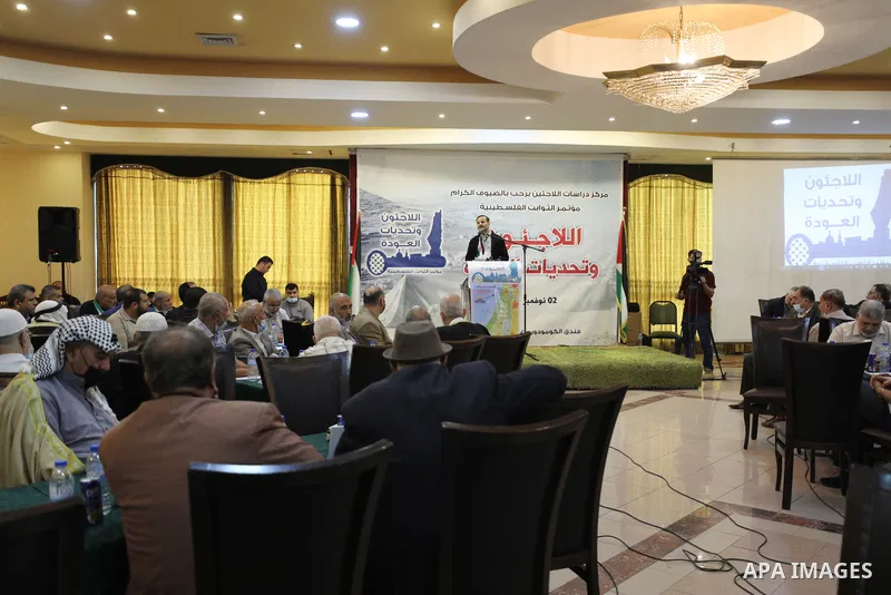 Palestinians attend the conference on the 104th anniversary of Britain's Balfour Declaration in Gaza city on November 1, 2021. The 1917 Balfour Declaration is a formal statement of policy by the British government regard...