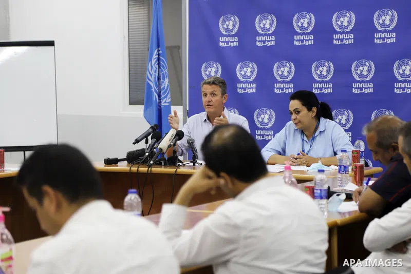 Thomas White, newly director of UNRWA affairs in Gaza speaks during a press conference, in Gaza city on October 3, 2021. Australian Thomas White was appointed Director of United Nations Relief and Works Agency (UNRWA) in...