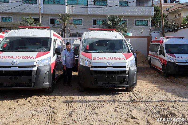 A convoy of ambulances are seen arrive to health ministery stores in Gaza city, after its were cross into Gaza strip from Rafah border, on November 8, 2021. The miles Convoy, in cooperation with its partners from several...
