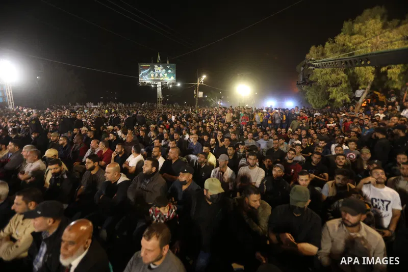 Palestinians attend a memorial service for Islamic Jihad commander, Bahaa Abu el-Atta, in Gaza city on November 12, 2021. Abu el-Atta killed with his wife by an Israeli missile strike on their home on November 2019. Phot...