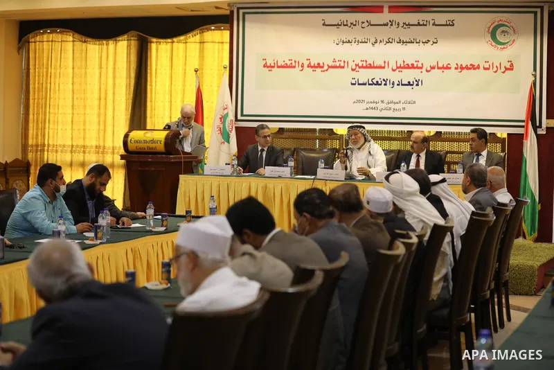 Members of the Legislative Council of Hamas participate in a symposium to discuss the impact of disrupting the legislative and judicial authorities, in Gaza city on November 16, 2021. For years pundits have argued that P...
