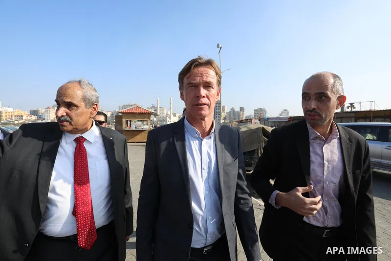 Sven Kühn von Burgsdorff, European Union Representative speaks during a press conference at Gaza seaport, on 25 November 2021. The delegation meet with representatives of various sectors to hear from them about the lates...