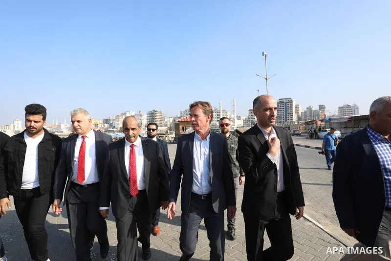 Sven Kühn von Burgsdorff, European Union Representative speaks during a press conference at Gaza seaport, on 25 November 2021. The delegation meet with representatives of various sectors to hear from them about the lates...