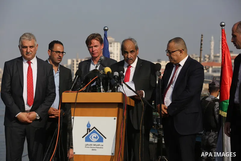 Sven Kühn von Burgsdorff, European Union Representative speaks during a press conference at Gaza seaport, on 25 November 2021. The delegation meet with representatives of various sectors to hear from them about the lates...