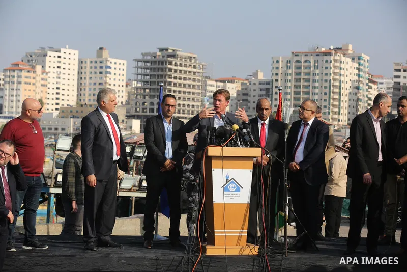 Sven Kühn von Burgsdorff, European Union Representative speaks during a press conference at Gaza seaport, on 25 November 2021. The delegation meet with representatives of various sectors to hear from them about the lates...