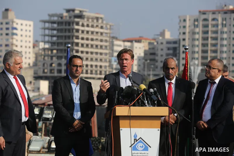 Sven Kühn von Burgsdorff, European Union Representative speaks during a press conference at Gaza seaport, on 25 November 2021. The delegation meet with representatives of various sectors to hear from them about the lates...