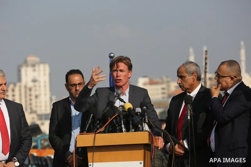Sven Kühn von Burgsdorff, European Union Representative speaks during a press conference at Gaza seaport, on 25 November 2021. The delegation meet with representatives of various sectors to hear from them about the lates...