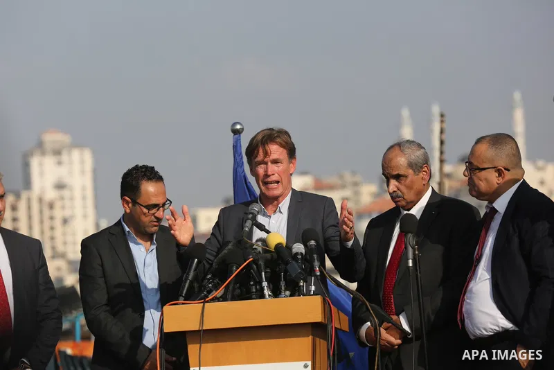 Sven Kühn von Burgsdorff, European Union Representative speaks during a press conference at Gaza seaport, on 25 November 2021. The delegation meet with representatives of various sectors to hear from them about the lates...