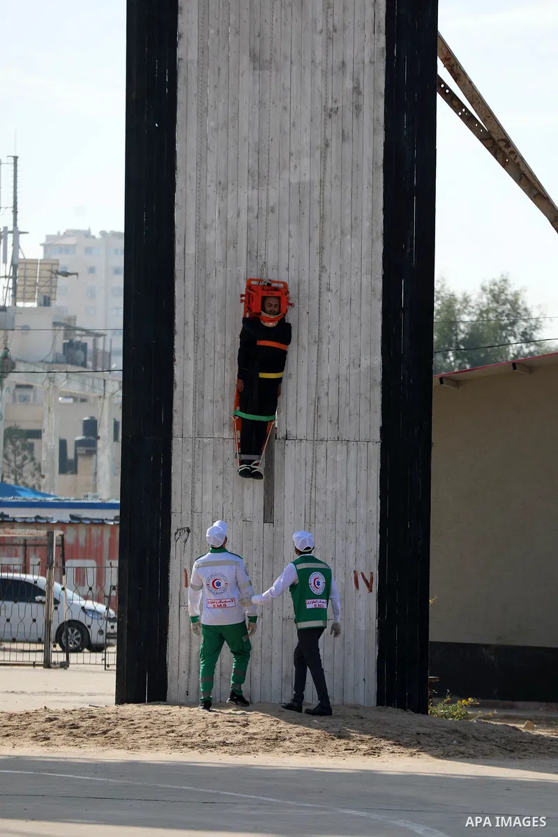 Palestinian ambulance officers show their skills during a graduation ceremony, in Gaza city on November 25, 2021. Photo by Ramadan El-Agha