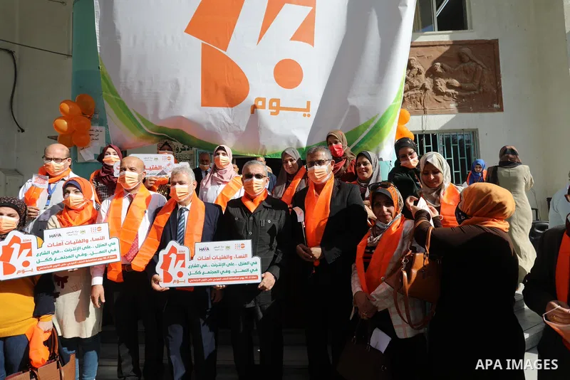 Palestinians participate in the launch event of the16 Days of Activism against Gender-based Violence in Gaza City, on November 28, 2021. The United Nations is marking the 16 Days of Activism against Gender-based Violence...