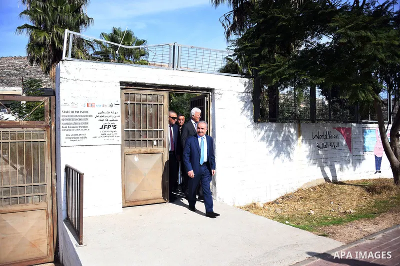 Palestinian Prime Minister Mohammad Shtayyeh visits al-Lubban al-Sharqiya school for girls, which is subjected to almost daily harassment and attacks by Israeli soldiers and settlers, in the West Bank city of Nablus, on...
