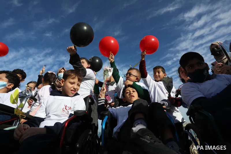 Palestinian children with disabilities take part in an event on the International Day of Disabled Persons at Gaza port on November 30, 2021. The annual observance of the International Day of Disabled Persons was proclaim...