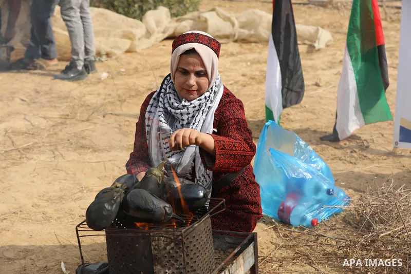 Volunteers prepare traditional Palestinian food during an initiative to help Palestinian farmers and families to pick olives during the harvest season, in Khan Younis in the southern of Gaza Strip on October 3, 2021. Oli...