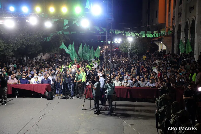 People attend a memorial service for the Palestinians who were killed in the West Bank and Jerusalem by the Israeli army, in Gaza city on October 4, 2021. Earlier this month, Seven Palestinians including a woman killed b...