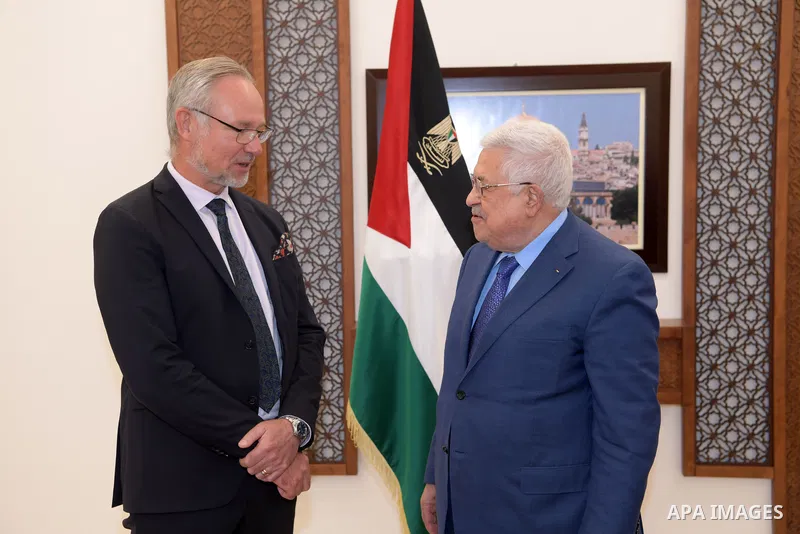 Palestinian President Mahmoud Abbas, receives the Credentials of the Kingdom of Sweden as Consul General to the State of Palestine, in the West Bank city of Ramallah, on October 14, 2021. Photo by Thaer Ganaim