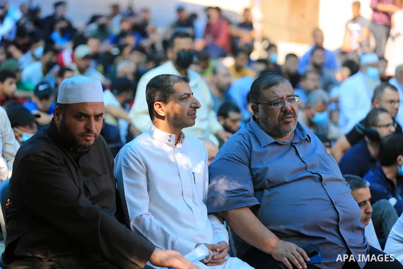 Palestinians attend Friday prayer in front of Red cross office in solidarity with prisoners on hunger strike held at Israeli Jails, in Gaza city on October 15, 2021. Photo by Dawoud Abo Alkas