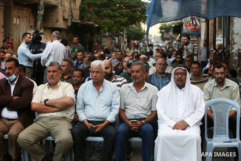 Palestinians attend a conference calling for an end to The Framework for Cooperation — a two-year working plan signed between the US and the United Nation’s agency for Palestinian refugees (UNRWA), in Rafah in the southe...