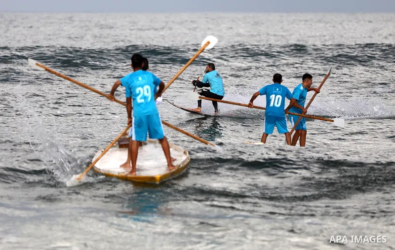Palestinian players take part in the first sailing and rowing championship on the shore of the Mediterranean, in Gaza city, on Ocotber 20, 2021. The Palestinian Sailing and Rowing Federation organized the first sailing a...