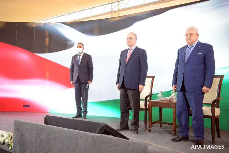 Palestinian President Mahmoud Abbas attend the opening of the city of the moon in the West Bank city of Jericho, on October 23, 2021. Photo by Thaer Ganaim