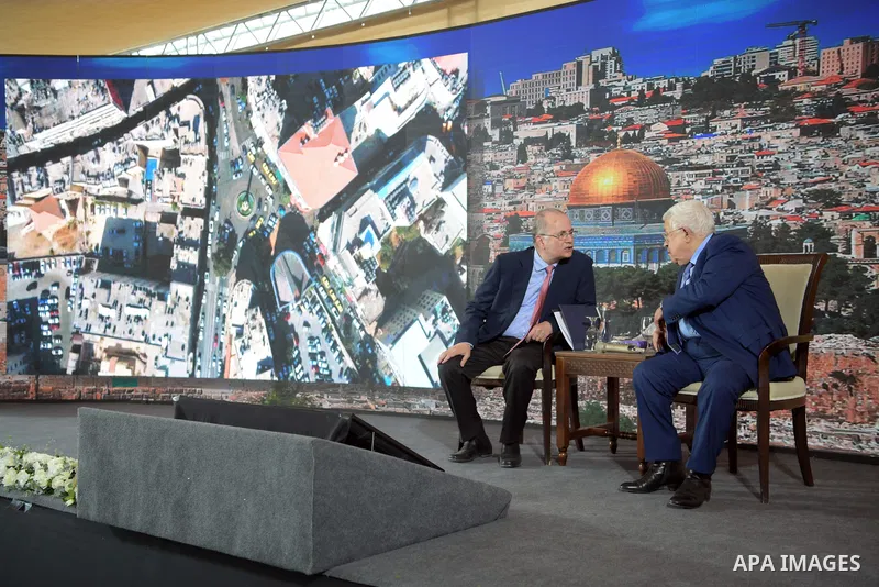 Palestinian President Mahmoud Abbas attend the opening of the city of the moon in the West Bank city of Jericho, on October 23, 2021. Photo by Thaer Ganaim