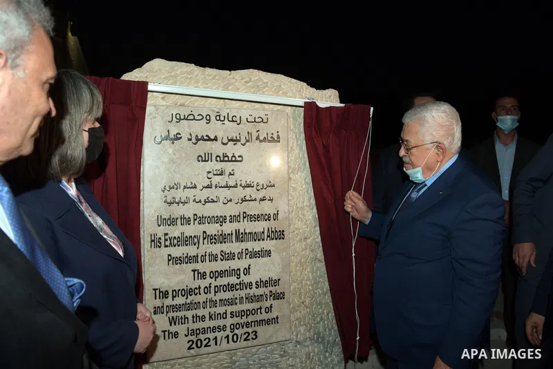 Palestinian President Mahmoud Abbas during a tour of Hisham's Palace and the opening of the mosaic panel in the West Bank city of Jericho, on October 23, 2021. Photo by Thaer Ganaim