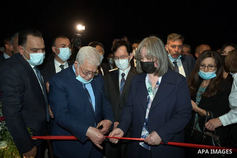 Palestinian President Mahmoud Abbas during a tour of Hisham's Palace and the opening of the mosaic panel in the West Bank city of Jericho, on October 23, 2021. Photo by Thaer Ganaim