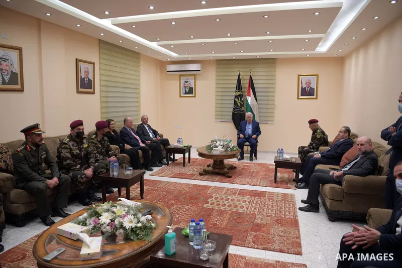 Palestinian President Mahmoud Abbas attends Presidential Guard Training Camp in the West Bank city of Jericho, on October 23, 2021. Photo by Thaer Ganaim