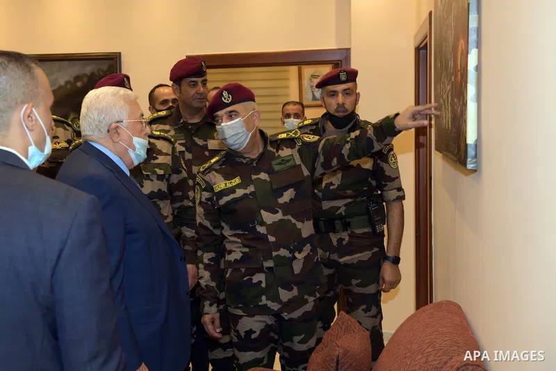 Palestinian President Mahmoud Abbas attends Presidential Guard Training Camp in the West Bank city of Jericho, on October 23, 2021. Photo by Thaer Ganaim