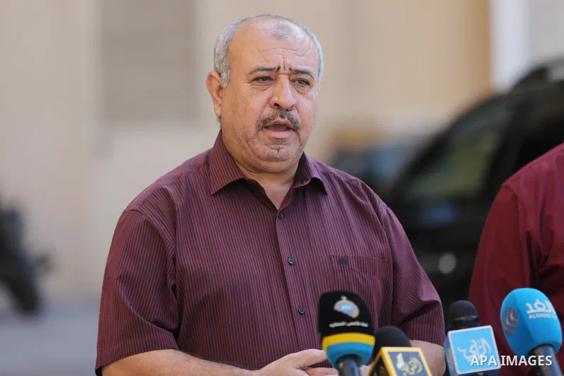Osama Nofal, Director General of Studies at the Ministry of Economy in Gaza strip, speaks during a press conference in Gaza city on October 24, 2021. Photo by Ashraf Amra