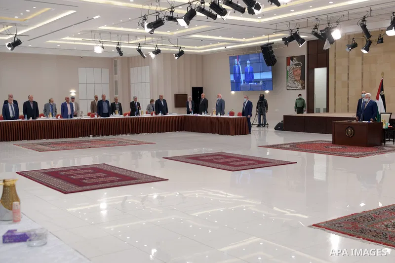 Palestinian president Mahmoud Abbas chairs Palestinian leadership meeting, in the West Bank city of Ramallah on October 24, 2021. Photo by Thaer Ganaim
