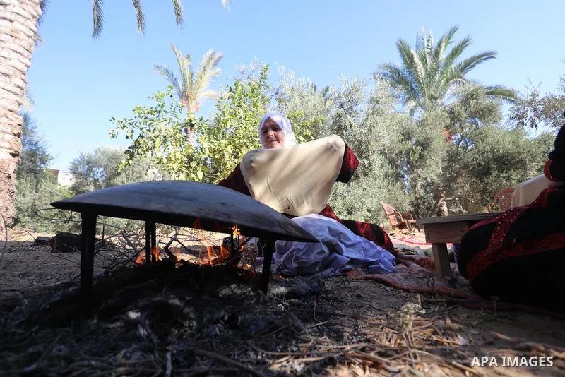 Palestinian women wear traditional dresses, as they pick olives during the harvest season, in Nuseirat camp in the central Gaza Strip, on 24 October 2021. Olive trees perform a crucial historical and cultural role in the...