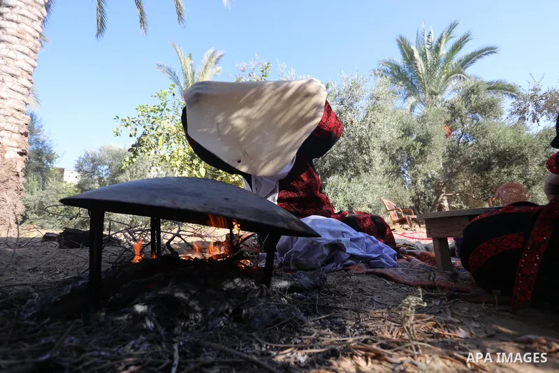 Palestinian women wear traditional dresses, as they pick olives during the harvest season, in Nuseirat camp in the central Gaza Strip, on 24 October 2021. Olive trees perform a crucial historical and cultural role in the...