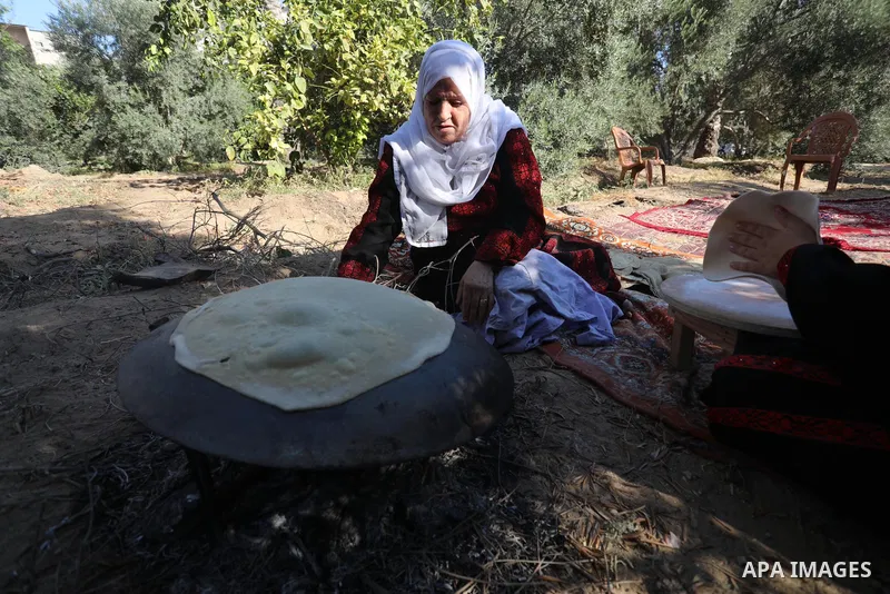 Palestinian women wear traditional dresses, as they pick olives during the harvest season, in Nuseirat camp in the central Gaza Strip, on 24 October 2021. Olive trees perform a crucial historical and cultural role in the...