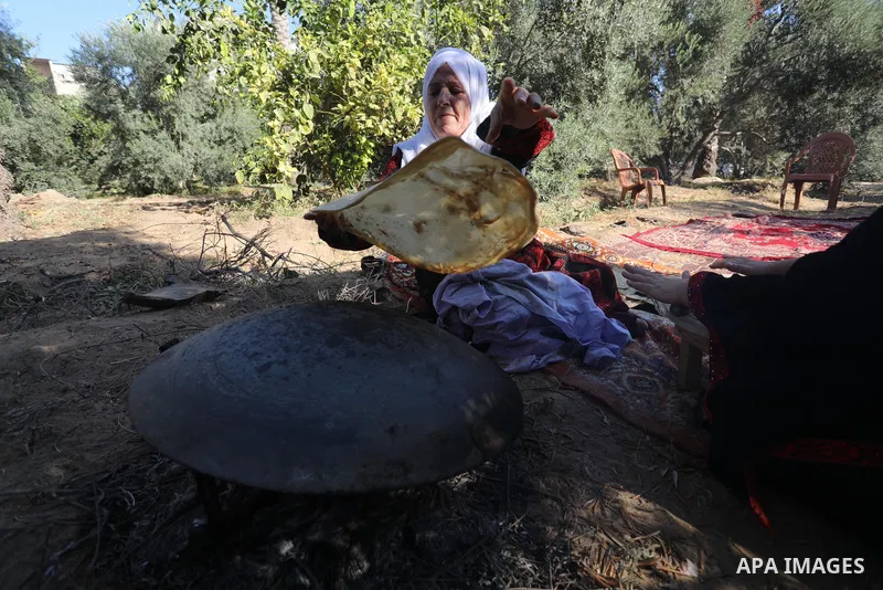 Palestinian women wear traditional dresses, as they pick olives during the harvest season, in Nuseirat camp in the central Gaza Strip, on 24 October 2021. Olive trees perform a crucial historical and cultural role in the...