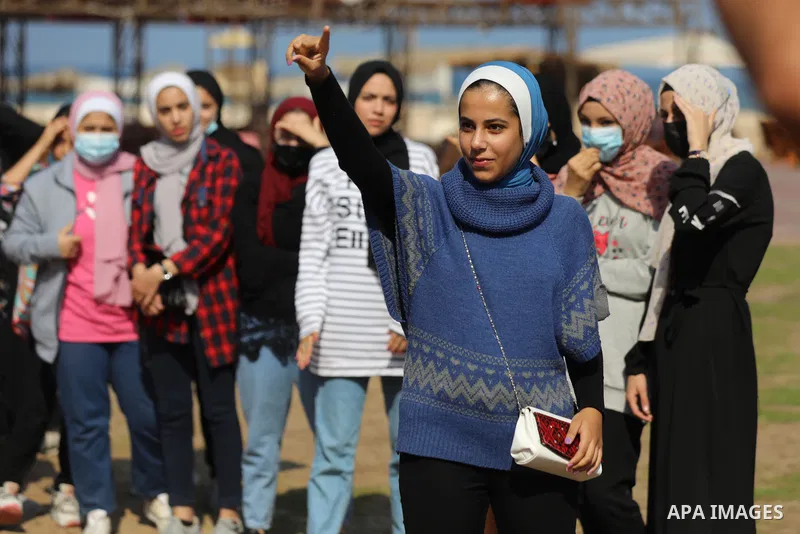 Palestinian girls take part in a fun activity, marking the international day of the girl in Gaza city, on October 25, 2021. The International Day of the Girl Child focuses attention on the need to address the challenges...