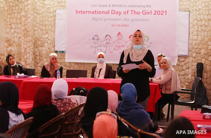 Palestinian girls take part in a fun activity, marking the international day of the girl in Gaza city, on October 25, 2021. The International Day of the Girl Child focuses attention on the need to address the challenges...
