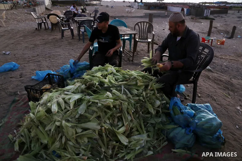 Palestinian men grill corn on the cob at a stall on Gaza City's seaside and sell it to customers, on October 26, 2021. Photo by Magdy Fathi