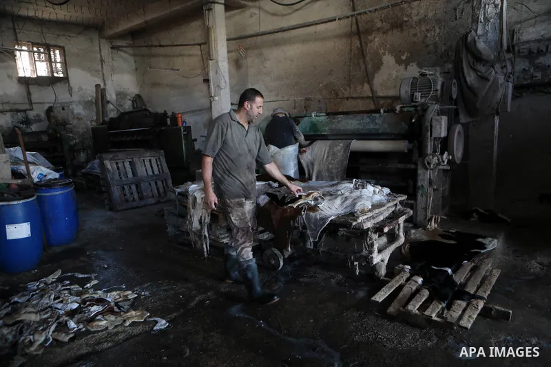 Palestinian workers paint leather and putting pieces out to dry as part of the finish process of leather tanning in a small factory to sell it to manufacture of shoes, in the West Bank city of Hebron on October 27, 2021....